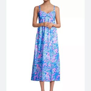 Lilly Pulitzer Azora Midi Dress Sz 6 Blue Pink Cotton Floral Beach Resort Preppy